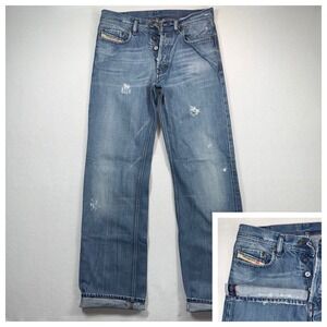 Diesel Jeans Mens 31x34 Kuratt Straight Red Contrast Stitch Distressed Italy